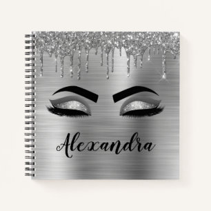 Silver Glitter Sparkle Eyelashes Monogram Notizbuch