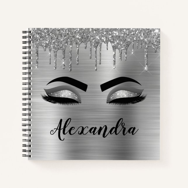 Silver Glitter Sparkle Eyelashes Monogram Notizbuch (Vorderseite)