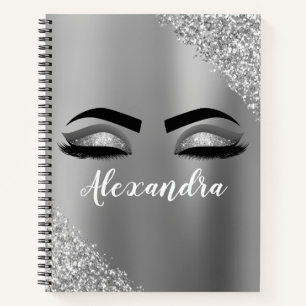 Silver Glitter Sparkle Eyelashes Monogram Notizbuch