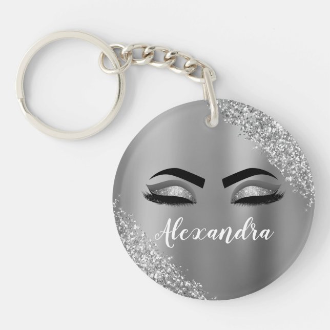 Silver Glitter Sparkle Eyelashes Monogram Schlüsselanhänger (Vorderseite)