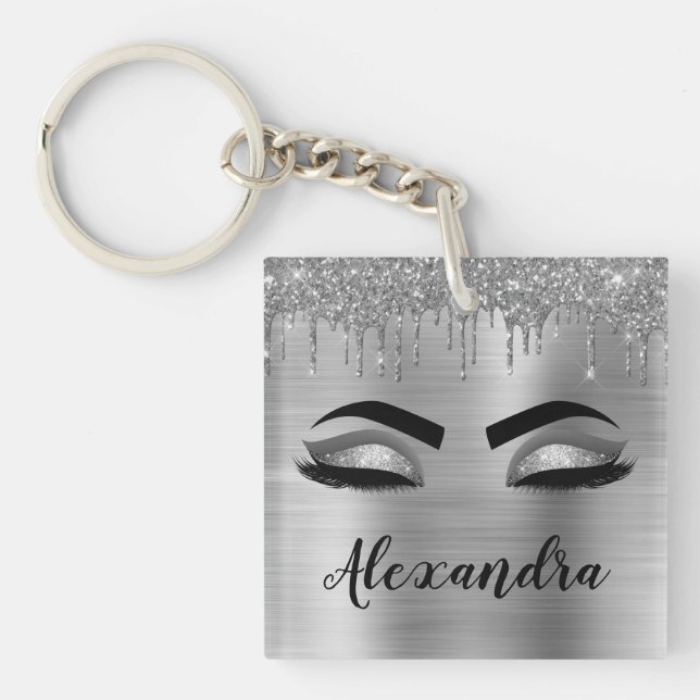 Silver Glitter Sparkle Eyelashes Monogram Schlüsselanhänger (Vorderseite)