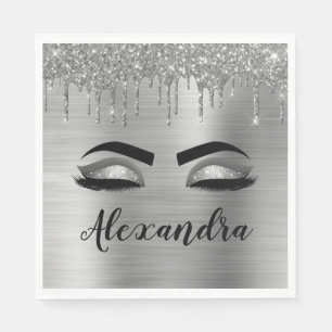 Silver Glitter Sparkle Eyelashes Monogram Serviette