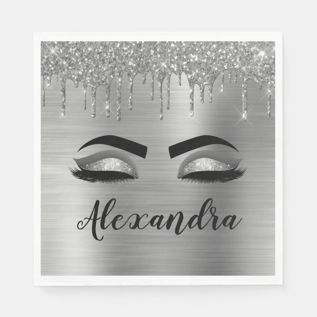 Silver Glitter Sparkle Eyelashes Monogram Serviette (Vorderseite)