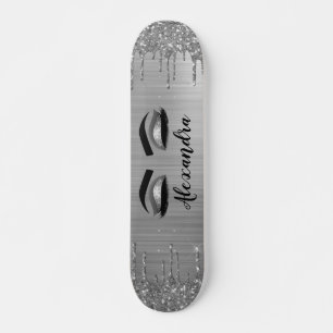 Silver Glitter Sparkle Eyelashes Monogram Skateboard