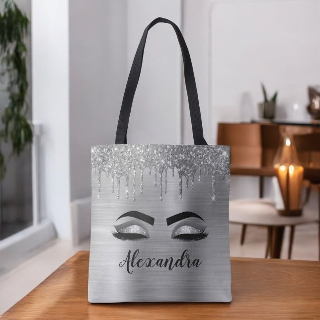 Silver Glitter Sparkle Eyelashes Monogram Tasche (Von Creator hochgeladen)