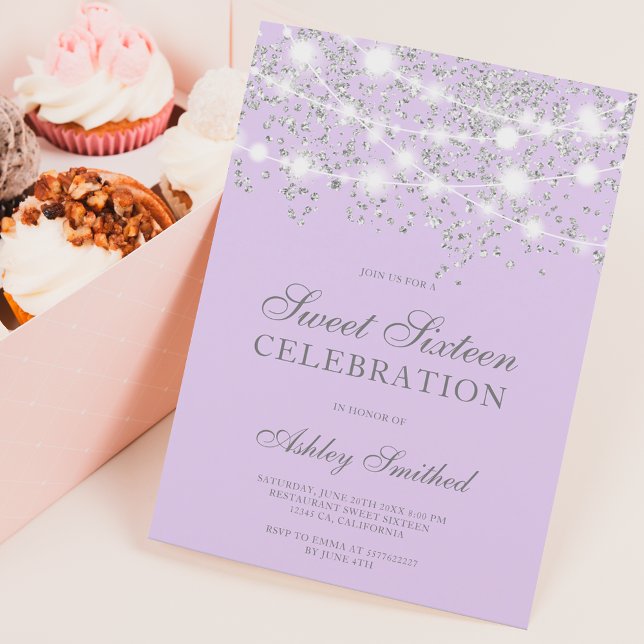 Silver glitter sparkles lavender sweet sixteen einladung (Von Creator hochgeladen)