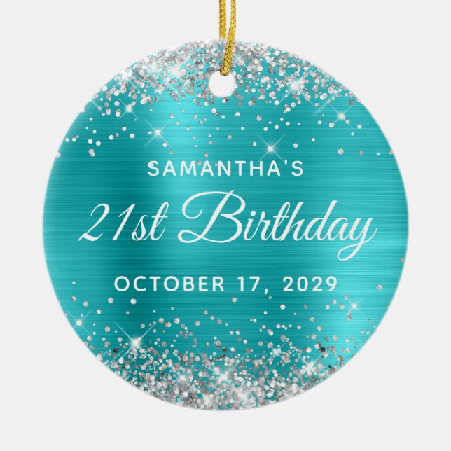 Silver Glitter Turquoise Foil 21st Birthday Keramik Ornament (Vorne)