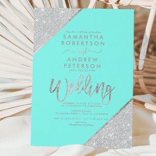 Silver glitter typography aqua blue wedding einladung