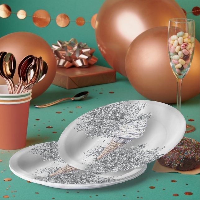 Silver Glitter Vanilla Ice Cream Cone Birthday Pappteller (Multi)