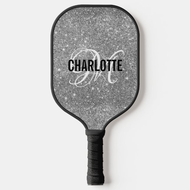 Silver glitter white script monogram name pickleball schläger (Vorderseite)