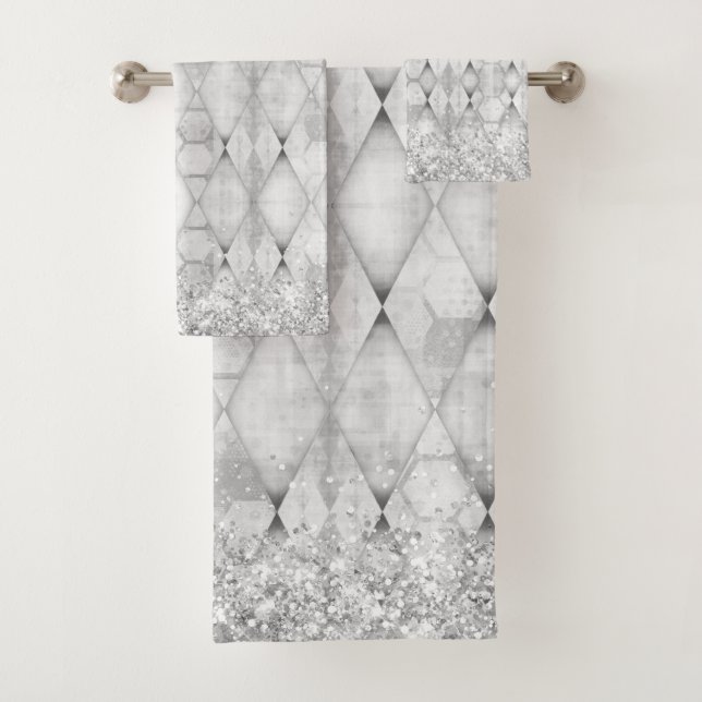 SIlver Glittery Abstrakt Harlequin Badhandtuch Set (Insitu)