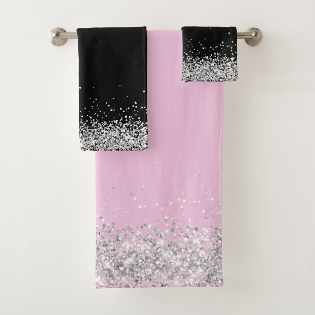 Silver Glittery Edging on Pink and Black Badhandtuch Set (Insitu)