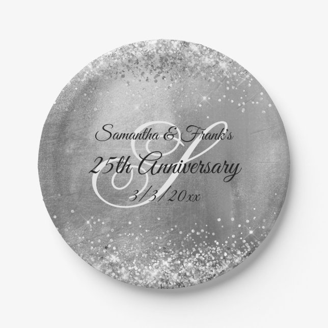 Silver Glittery Foil Monogram 25 Jahre Pappteller (Vorderseite)