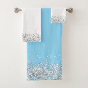 Silver Glittery Glam Edging auf Weiß und Aquamarin Badhandtuch Set