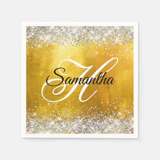 Silver Glittery Gold Foil Extravagant Monogram Serviette (Vorderseite)