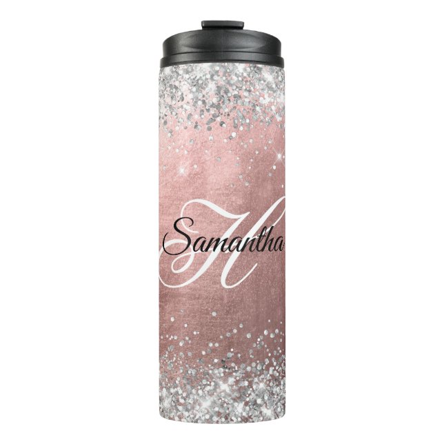 Silver Glittery Rose Gold Foil Extravagante Monogr Thermosbecher (Vorderseite)