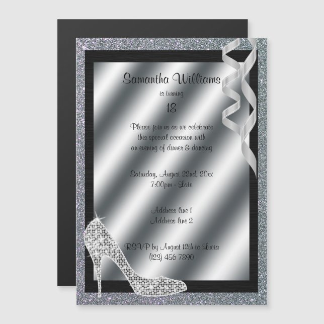 Silver Glittery Stiletto & Streamers 18. Geburtsta Magneteinladung (Vorne/Hinten)