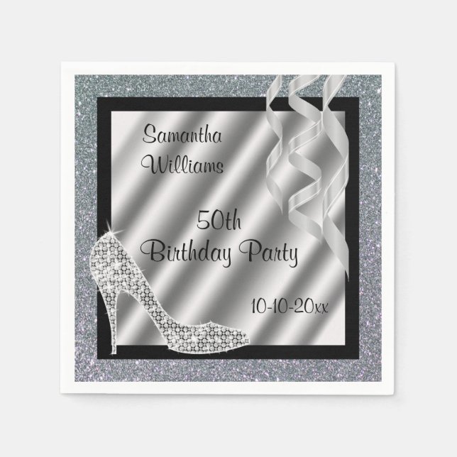 Silver Glittery Stiletto & Streamers 50. Geburtsta Serviette (Vorderseite)