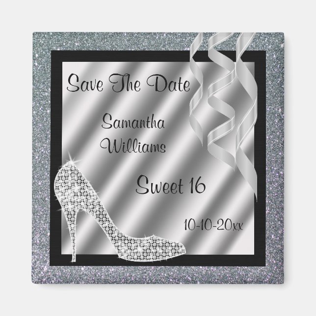 Silver Glittery Stiletto & Streamers Sweet 16 Magnet (Vorne)