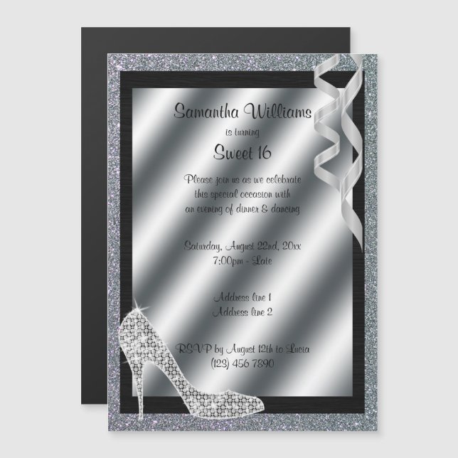 Silver Glittery Stiletto & Streamers Sweet 16 Magneteinladung (Vorne/Hinten)