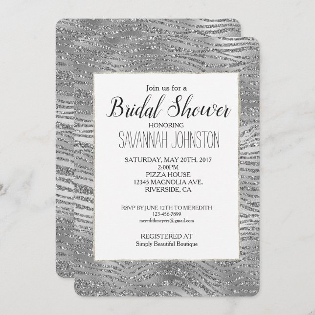 Silver Glitz Zebra Print Brautparty Einladung (Vorne/Hinten)