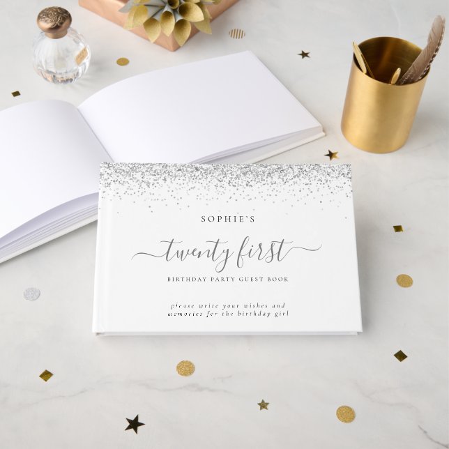 Silver Glitzer 21. Geburtstagsparty Gästebuch (Vorderseite Offen)