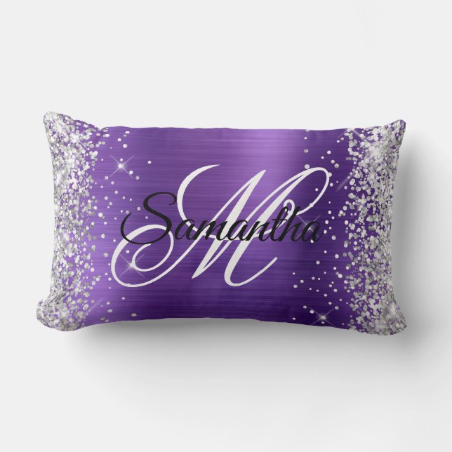 Silver Glitzer Amethyst Foil Extravagant Monogramm Lendenkissen (Vorderseite)