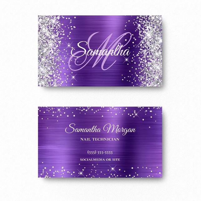 Silver Glitzer Amethyst Foil Lila Monogramm Visitenkarte (Silver Glitter Amethyst Foil Purple Monogram Business Card)