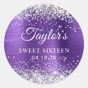 Silver Glitzer Amethyst Lila Foil 16 . Geburtstag Runder Aufkleber