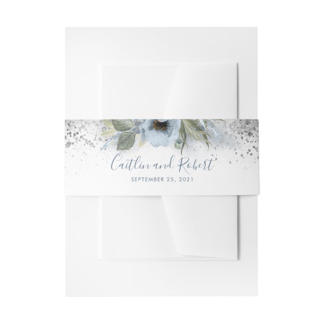 Silver Glitzer and Dusty Blue Floral Wedding Einladungsbanderole (Vorderseite Beispiel)