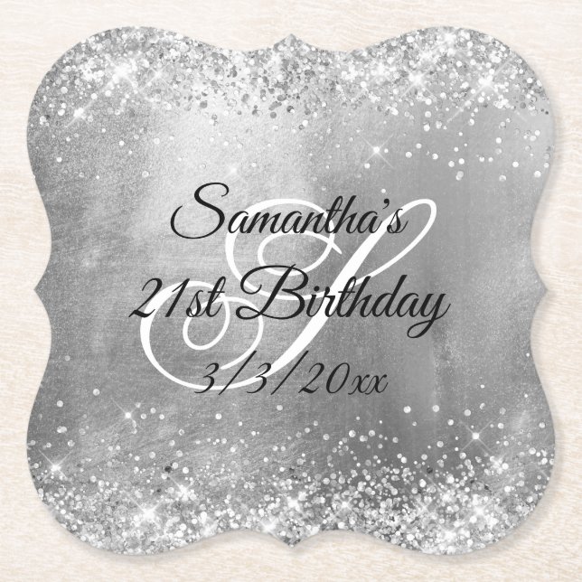 Silver Glitzer and Foil 21. Geburtstag Untersetzer (Vorderseite)