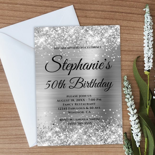 Silver Glitzer and Foil Extravagant Monogram Einladung (Create your own silvery glitter and foil artwork birthday invite.)