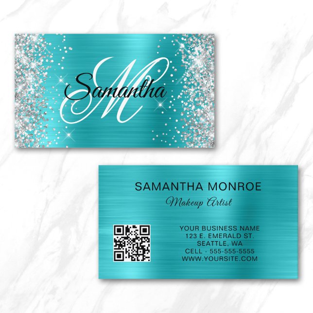 Silver Glitzer Aqua Blue Foil Monogram QR Code Visitenkarte (Silver Glitter Aqua Blue Foil Monogram QR Code Business Card)