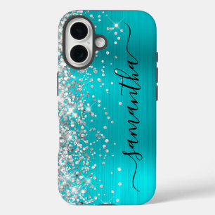 Silver Glitzer Aqua Blue Metallic Girly Signature iPhone 16 Hülle