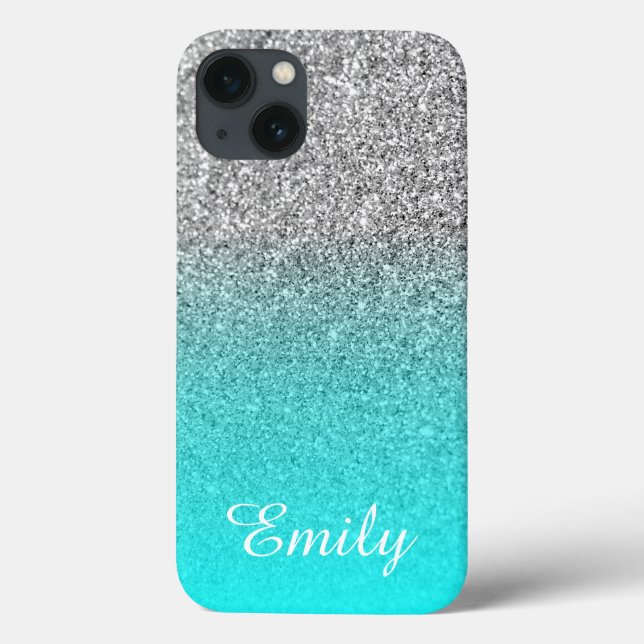 Silver Glitzer Aqua Ombre Personalisiert Case-Mate iPhone Hülle (Rückseite)