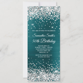 Silver Glitzer Aquamarin Blue Foil 50. Geburtstag Einladung