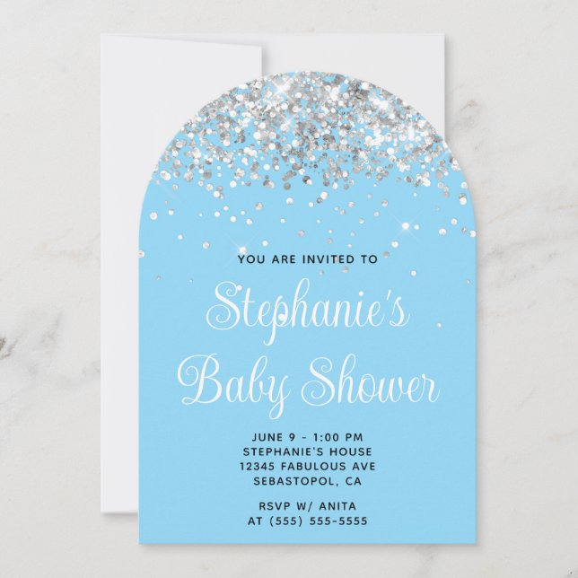 Silver Glitzer Baby Blue Baby Dusche Einladung (Vorderseite)