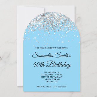 Silver Glitzer Baby Blue Foto 40. Geburtstag Einladung