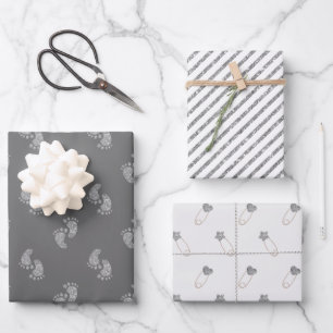 Silver Glitzer Baby Feet Babydusche Geschenkpapier Set