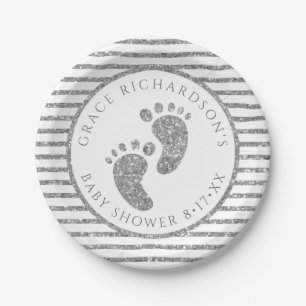 Silver Glitzer Baby Feet Babydusche Personalisiert Pappteller