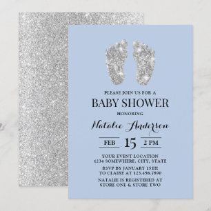 Silver Glitzer Baby Feet Light Blue Baby Dusche Einladung
