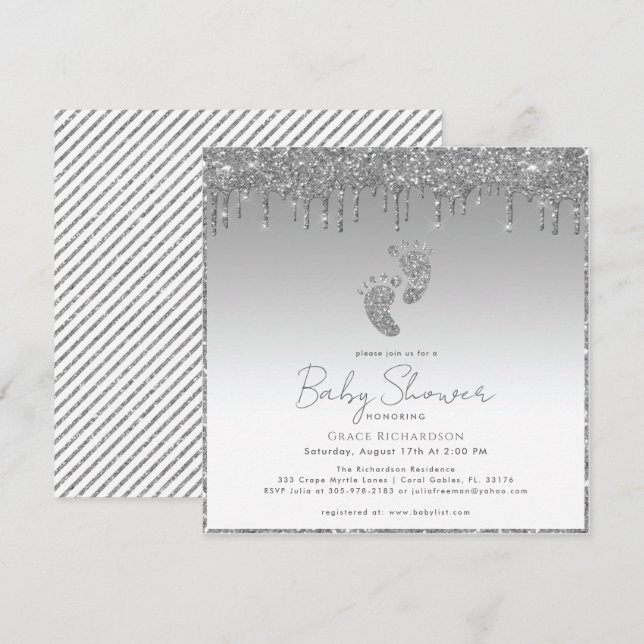 Silver Glitzer Baby Shower Einladung (Vorne/Hinten)