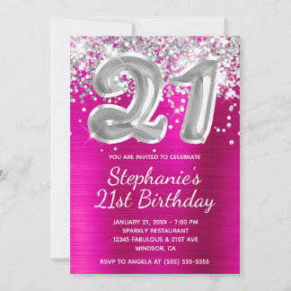 Silver Glitzer Ballon Hot Pink 21. Geburtstag Einladung