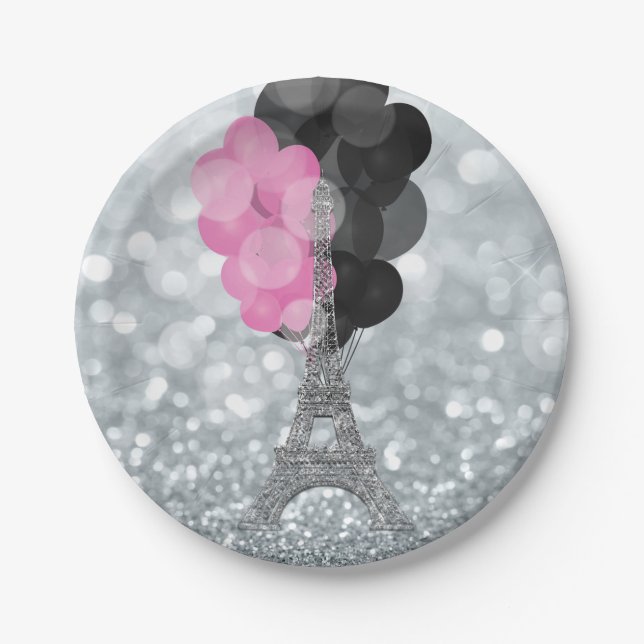 Silver Glitzer & Balloons Paris Eiffel Tower Party Pappteller (Vorderseite)