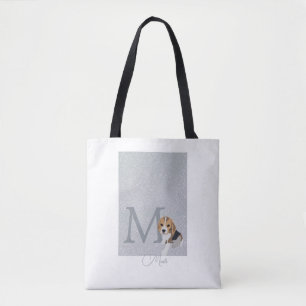 Silver Glitzer Beagle Dog Lover Custom Monogram Tasche