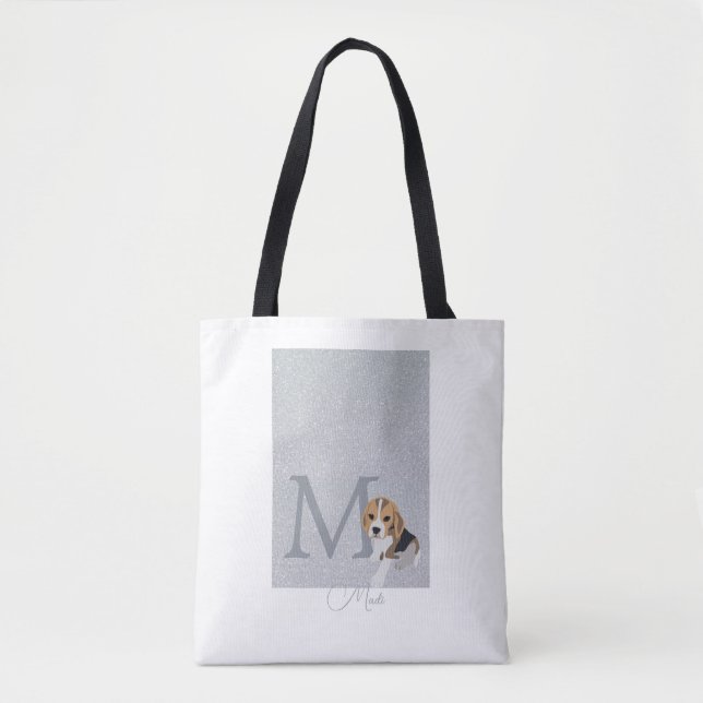 Silver Glitzer Beagle Dog Lover Custom Monogram Tasche (Vorderseite)
