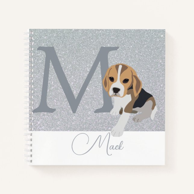 Silver Glitzer Beagle Hund liebt benutzerdefiniert Notizbuch (Vorderseite)
