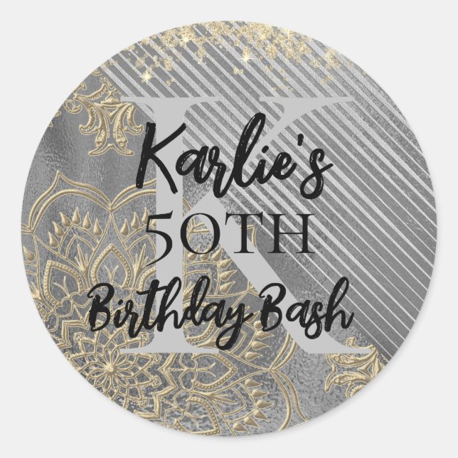 Silver Glitzer Birthday Mandala Monogram Runder Aufkleber (Vorderseite)