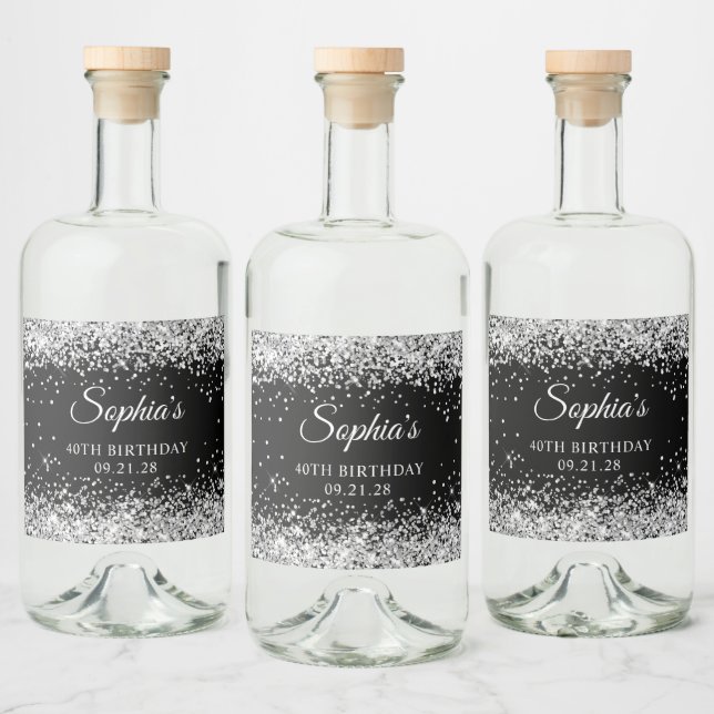 Silver Glitzer Black 40. Geburtstag Alkoholflaschenetikett (Flaschen)