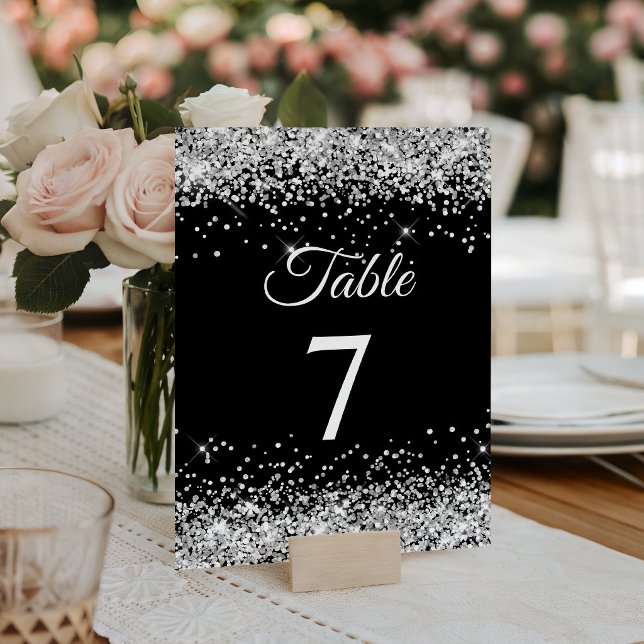 Silver Glitzer Black Elegant Calligraphy Tischnummer (Silver Glitter Black Elegant Calligraphy Table Number)